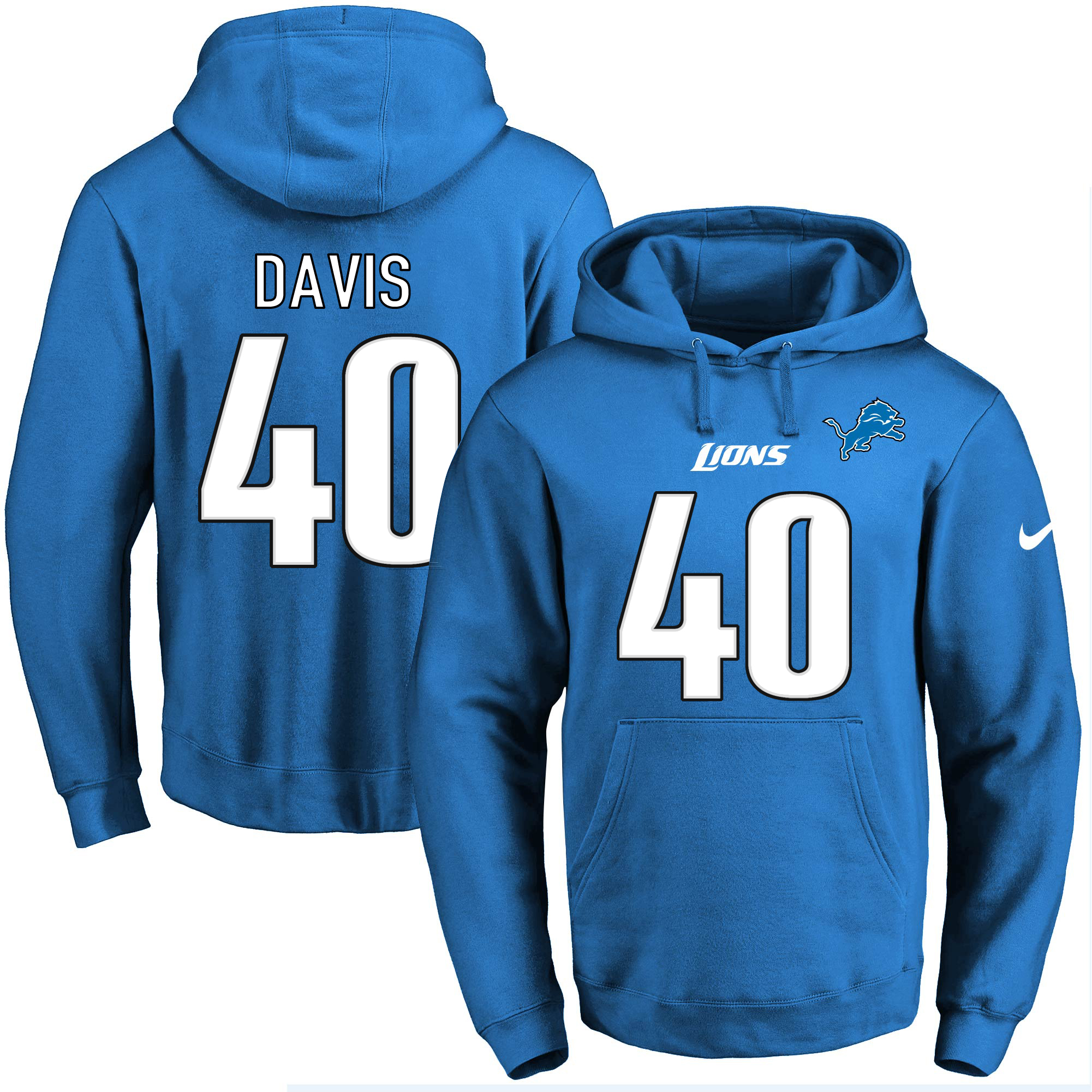 Nike Lions #40 Jarrad Davis Blue Name & Number Pullover NFL Hoodie